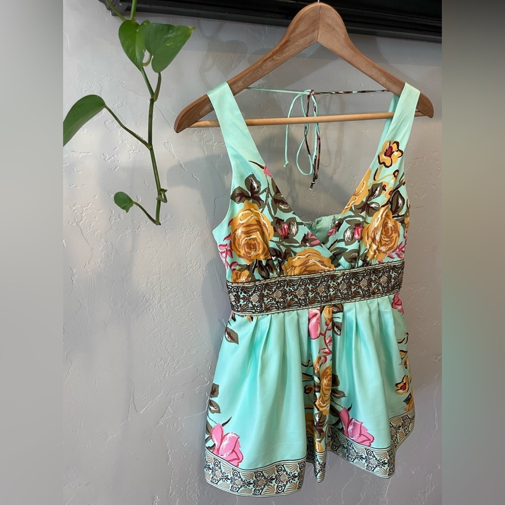 Pristine women’s Y2K, Rose print beaded baby doll top size S